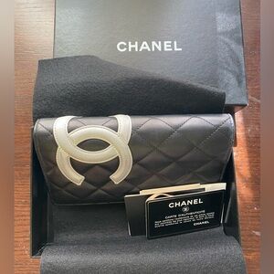 Chanel Quilted Calfskin Black Cambon Line Silver Leather Long Wallet
